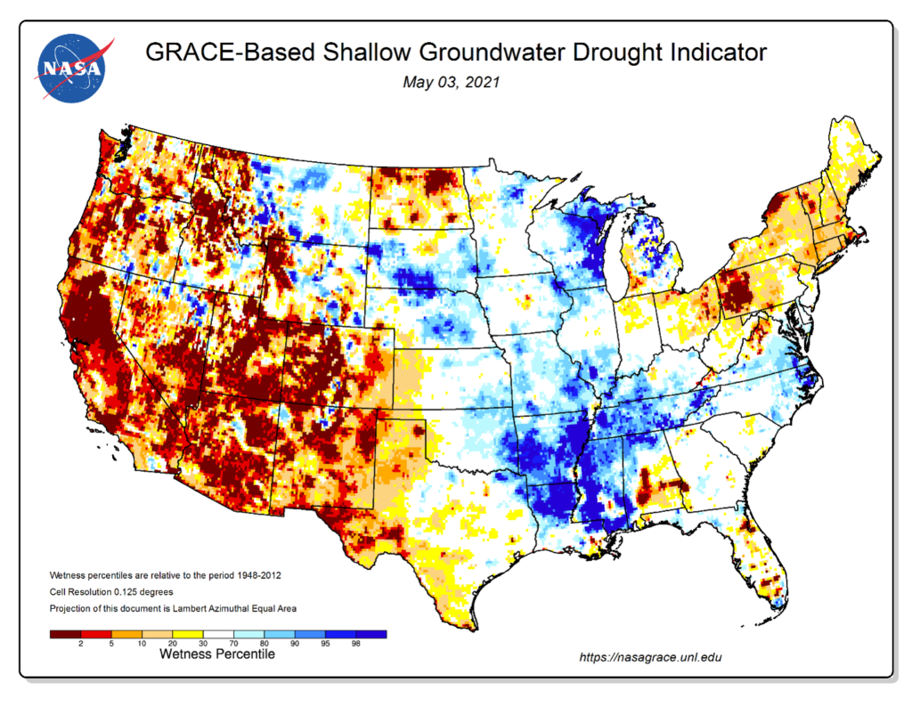 image of map of US continental area with colored areas for different levels of GRACE-Based Shallow Groundwater Drought from NASA. Provided by nasagrace.unl.edu